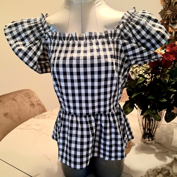 Ricki's Dark Navy Blue and White Gingham Off-Shoulder Blouse - Picture 2 of 3